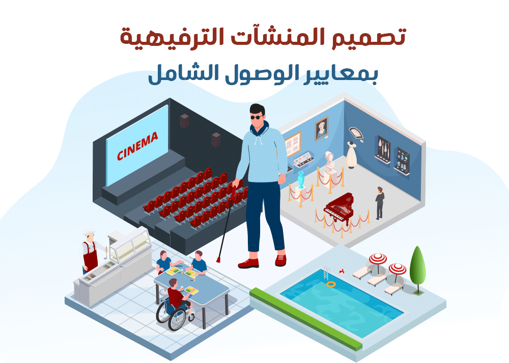 تصميم المنشآت الترفيهية بمعايير الوصول الشامل وصورة لرجل كفيف يقف ف المنتصف وحوله منشآت رياضية ومطعم ومتحف وقاعة احتفالات